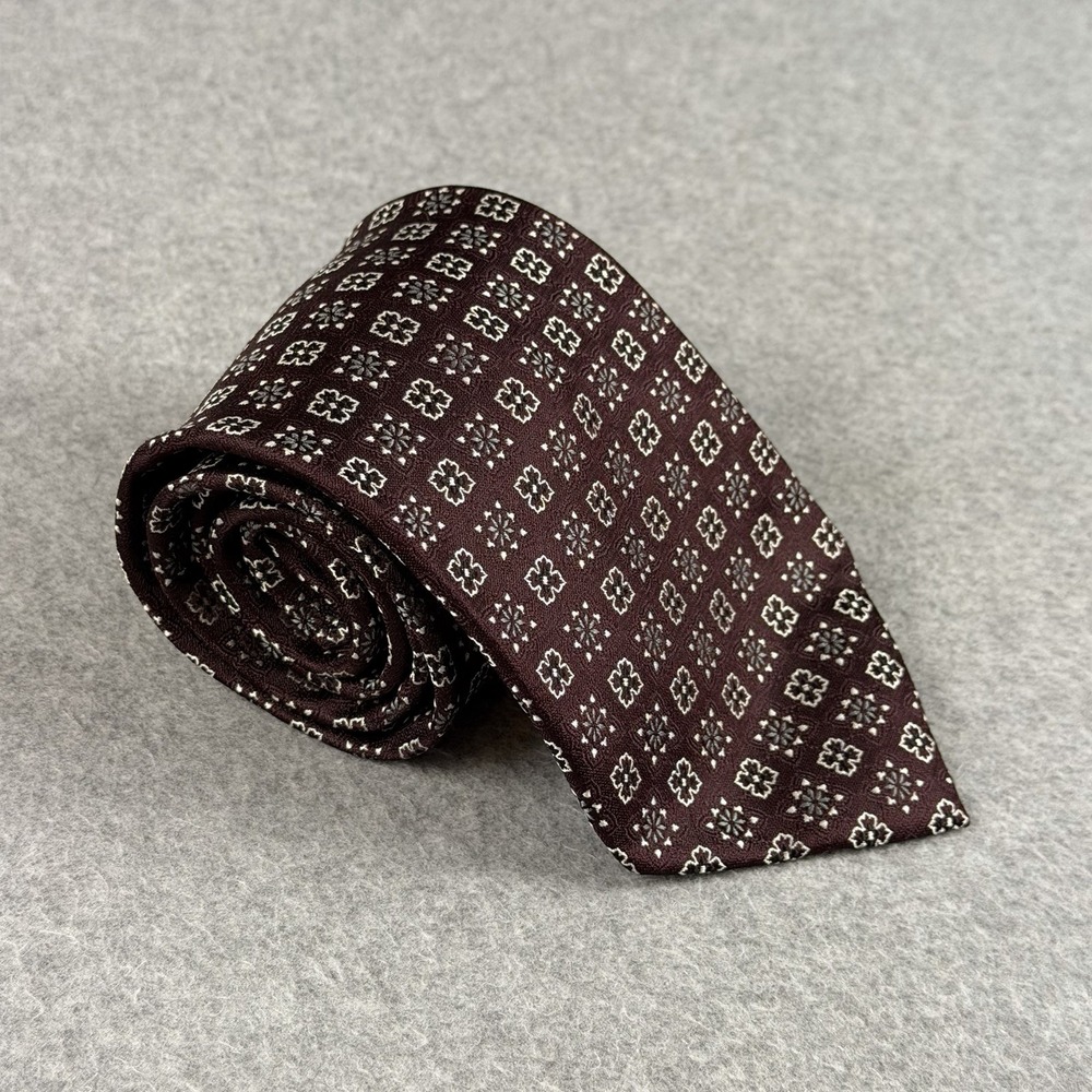 Vintage Burma Bibas Tie Mens Burgundy White Geometric Floral Necktie Wide 58x4"